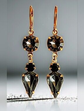 Black Diamond Mettalic Swarovski Crystals Drop Down Gold Plated Earrings